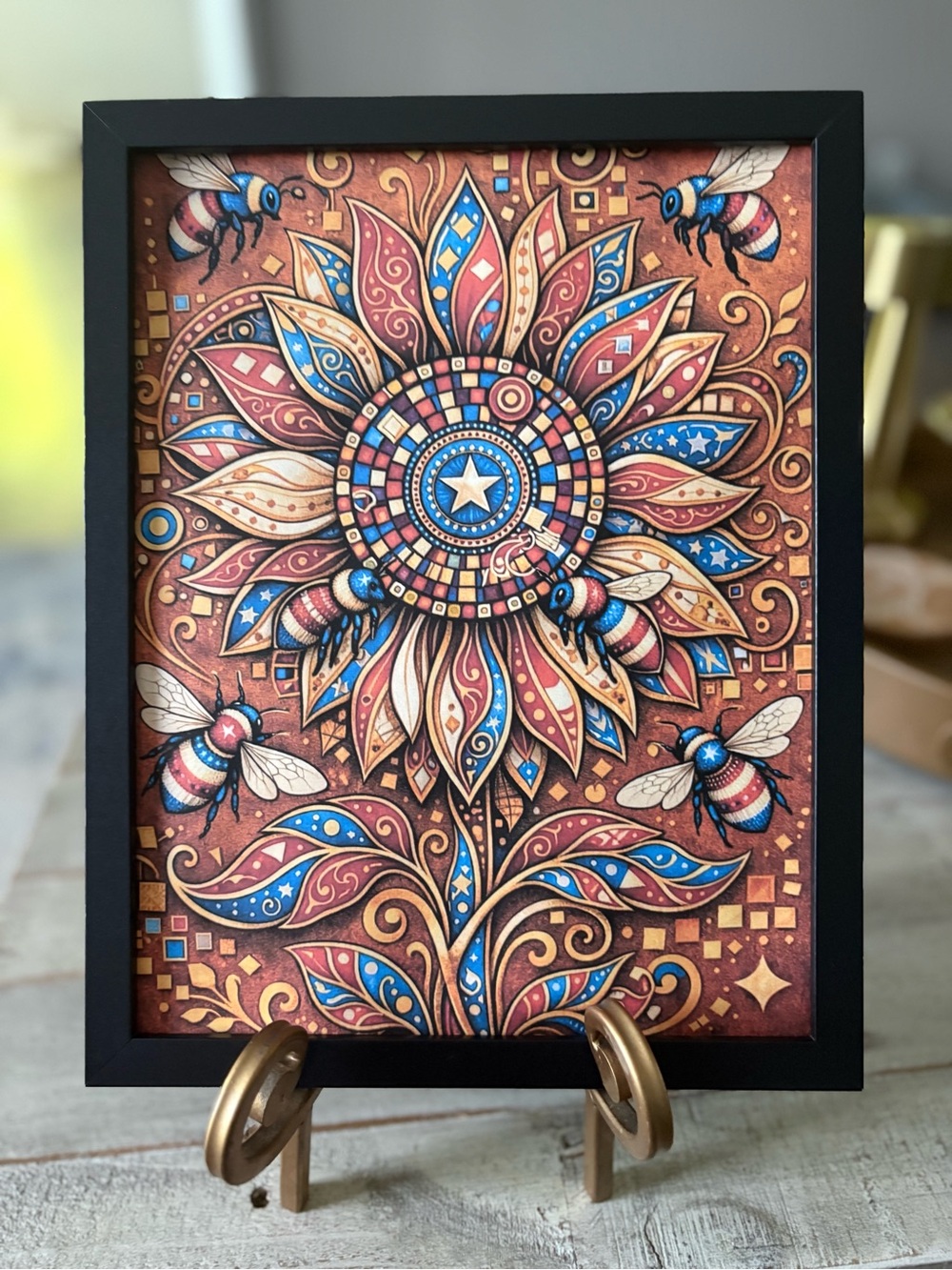 Framed Whimsical Maximalist Sunflower & Bees Art Print - 8x10 Patriotic Mosaic